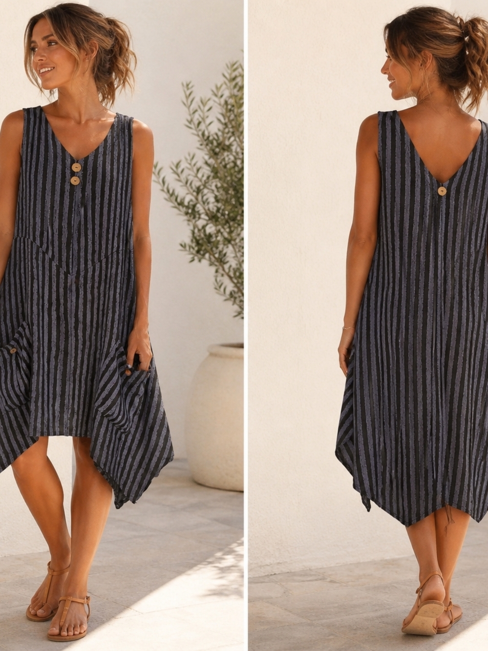 Made in Italy Sleeveless V-Neck Striped High-Low Dress - Black/Gray